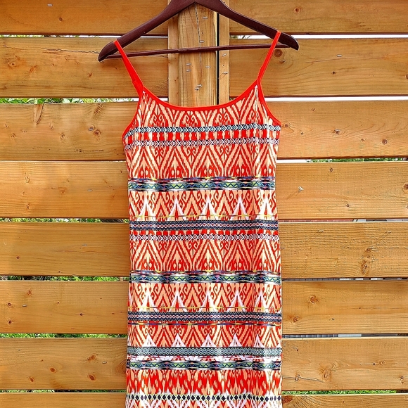 La Classe Couture orange red & white ikat print cotton/spandex maxi, L, NWOT - Picture 2 of 7